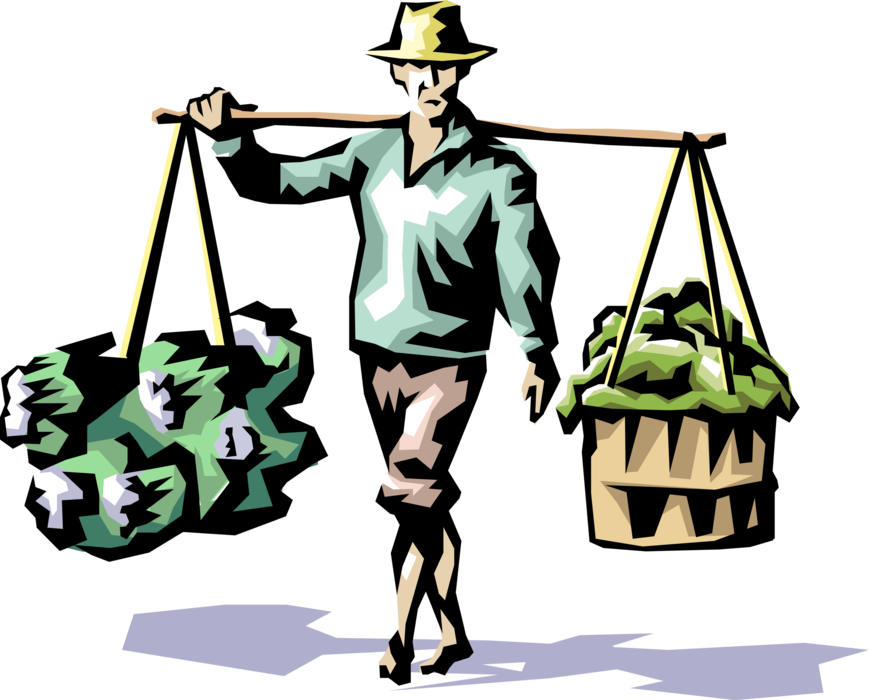 Vector Illustration Of Asian Vegetable Vendor Carries - Scales Of Justice (869x700)