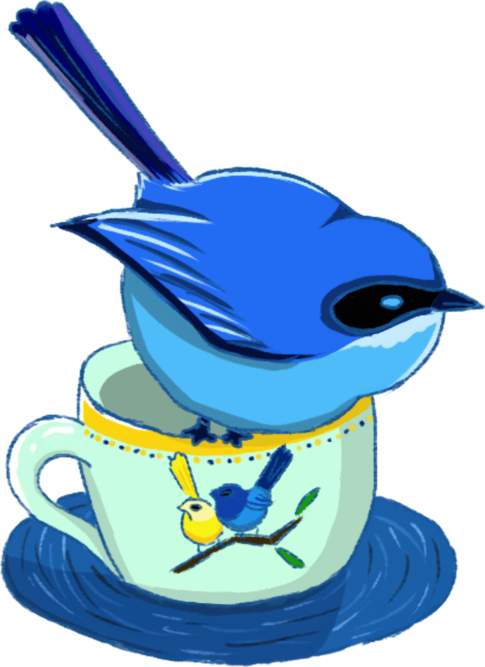 Blue Purple Bird Teacup Hand Drawn Png And Psd - Cartoon (2000x2000)