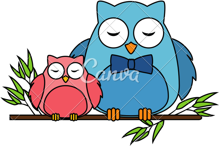 Cute Father And Daughter Owls In Branch Characters - Cartoon (800x800)