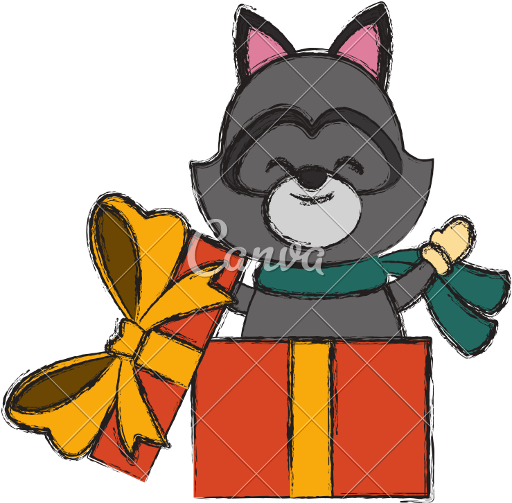 Raccoon In Giftbox - Cartoon (800x800)