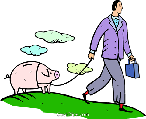 Man Walking A Piggy Bank Royalty Free Vector Clip Art - Man Walking A Piggy Bank Royalty Free Vector Clip Art (480x393)