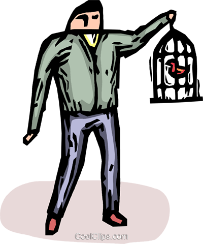 Man With A Birdcage Royalty Free Vector Clip Art Illustration - Man With A Birdcage Royalty Free Vector Clip Art Illustration (400x480)