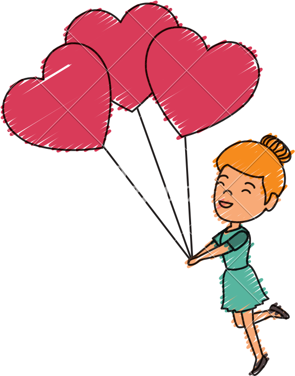 Woman With Heart Shaped Party Balloons - Cartoon (800x800)