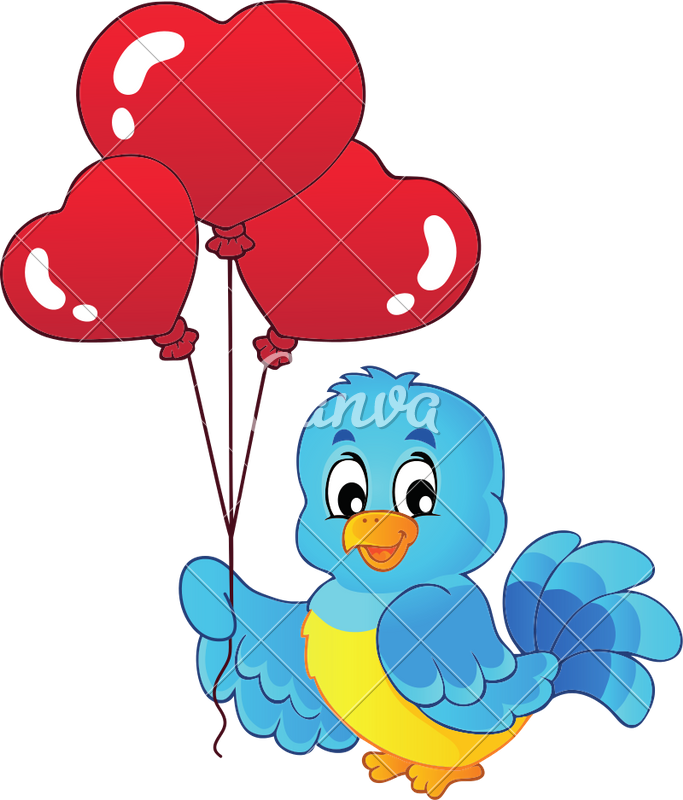 Bird With Heart Shaped Balloons Theme - Cartoon (683x800)