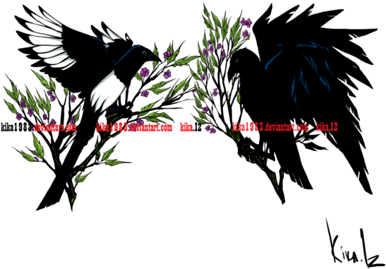 And Magpie Tattoo Commission By Kika On - Raven And Magpie Tattoo (600x402)