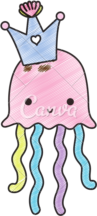 Doodle Cute Jellyfish Marine Animal With Crown - Illustration (800x800)