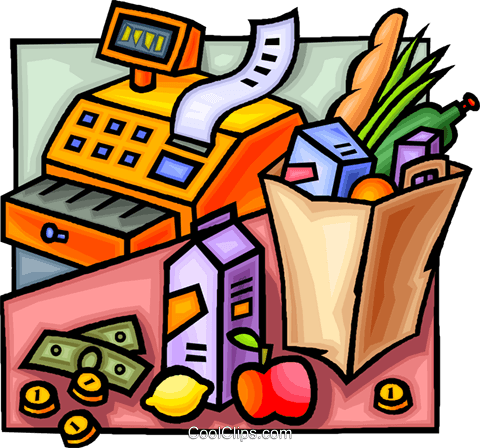 Cash Register And Groceries Royalty Free Vector Clip - Buy Groceries (480x448)