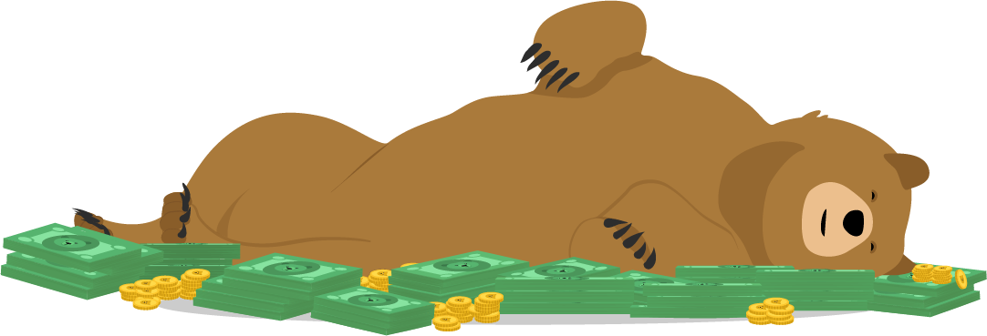 Cartoon Grizzly Bear Rolling In Money Piles With Joy - Tunnelbear Art (1082x369)