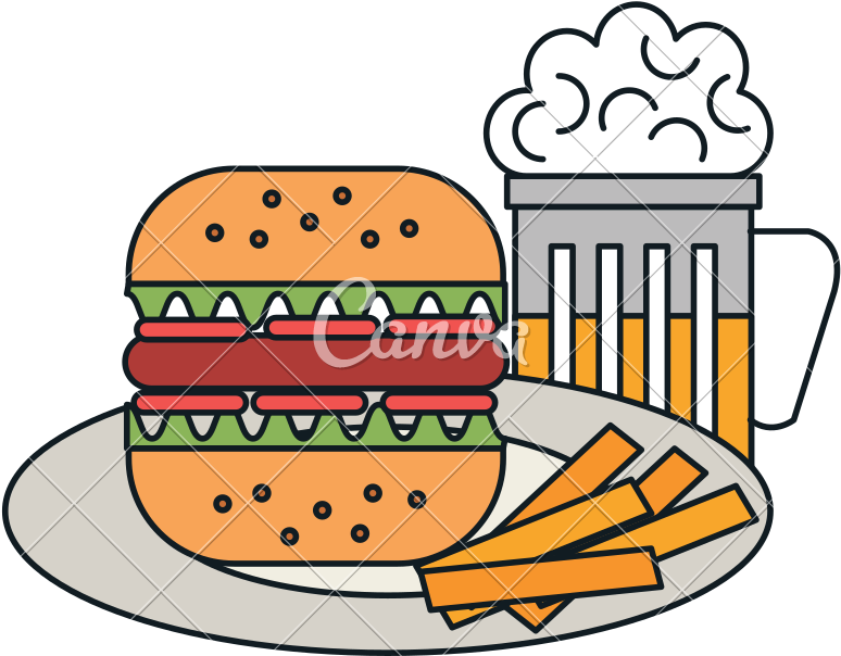 Delicious Burger With Beer And French Fries - Restaurant (800x800)