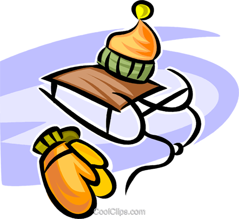 Winter Hat, Mitts And Sleigh Royalty Free Vector Clip - Schlittenfahren Clipart (480x440)