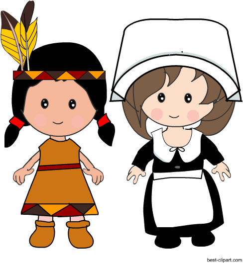 Pilgrim Girl And Native American Girl Clip Art - Clip Art (488x529)