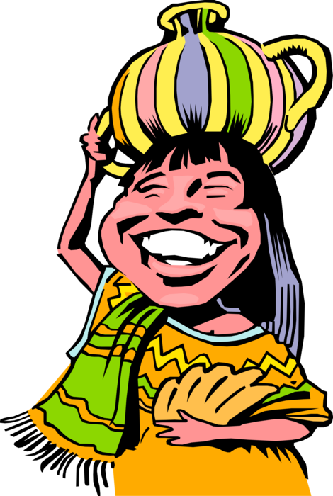 Vector Illustration Of Native South American Girl Carries - Girl Carrying Water On Her Head Cartoon (470x700)