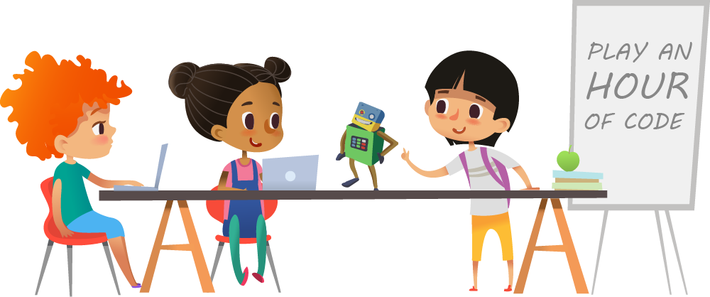 Cartoon Image Of Students Playing Robogarden Hour Of - صور تفعيل ساعة البرمجة (1000x418)