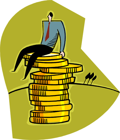 Business Metaphor, Man On Top Of Coins Royalty Free - Budget Clipart (411x480)