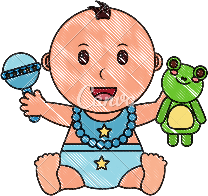 Baby Boy With Diaper And Toys - Outline Picture Of A Baby Sitting (800x800)