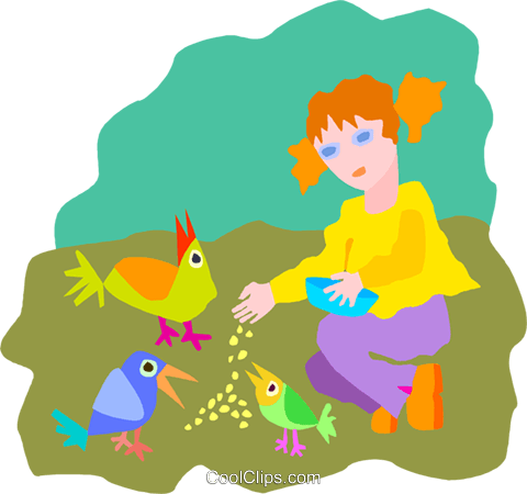 Girl Feeding Birds Royalty Free Vector Clip Art Illustration - Cartoon (480x450)