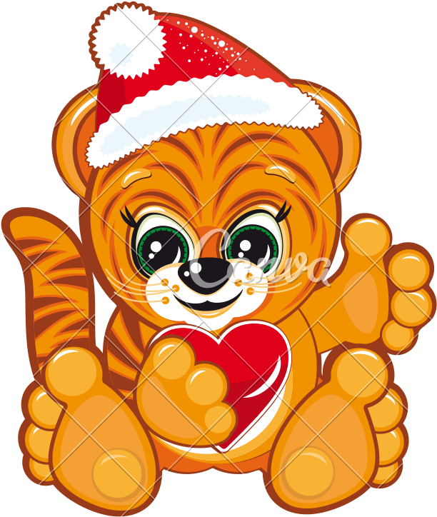 New Year's Tiger In Santa's Hat - Cartoon Tiger In A Santa Hat (800x800)