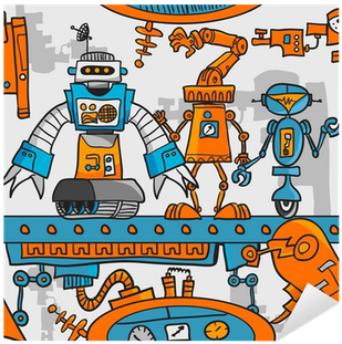 Seamless Pattern Cartoon Robots On The Assembly Line - Montaje Industrial Animados (400x400)