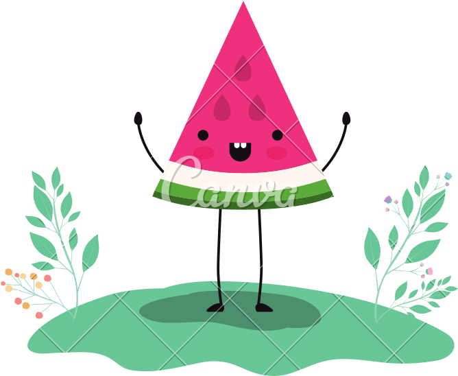 Watermelon Fresh Fruit Slice In The Field Kawaii Character - Stock Photography (800x800)