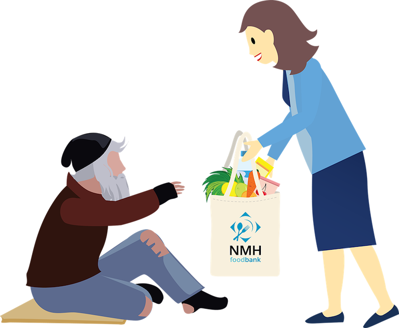 A Volunteer With No More Homelessness Gives A Bag Of - Illustration (800x658)