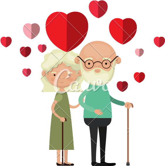 Elderly Couple With Floating Hearts Vector Icon Illustration - Clipart Couple Walking With Stick Vector (800x800)
