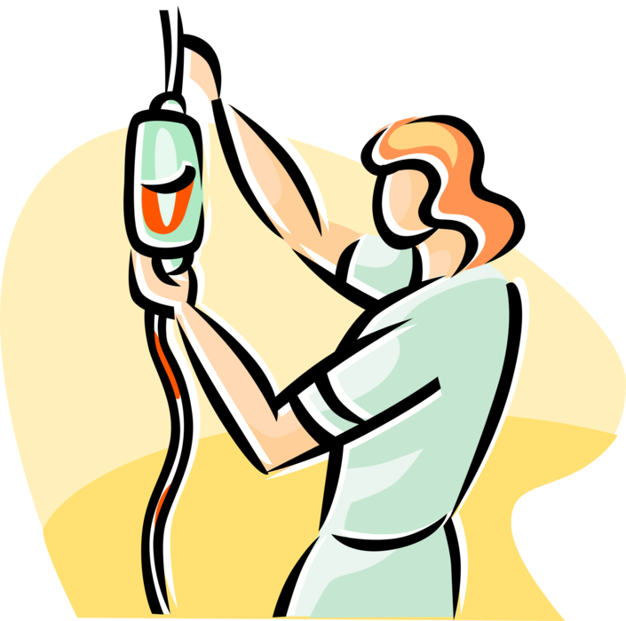 Vector Illustration Of Health Care Nurse Replacing - Blood Transfusion (705x700)
