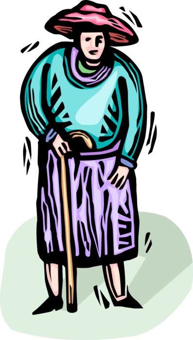 Vector Illustration Of Old Woman With Walking Cane - Vector Illustration Of Old Woman With Walking Cane (397x700)