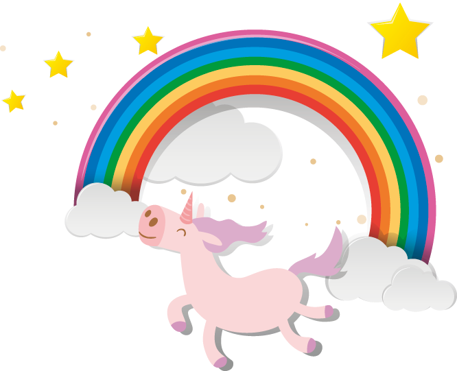 Fairy Bay Unicorn And Rainbow - Cartoon (666x541)