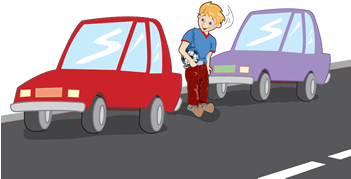 Cartoon Of Boy Crossing Road From Between Two Parked - City Car (350x350)