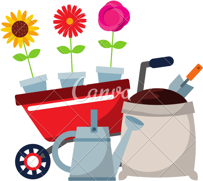Gardening Wheelbarrow Watering Can Soil Sack Shovel - Pink Wheelbarrow Cartoon (800x800)