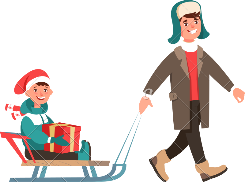 Happy Adult Man In Winter Clothes And Sled - Cartoon (800x595)