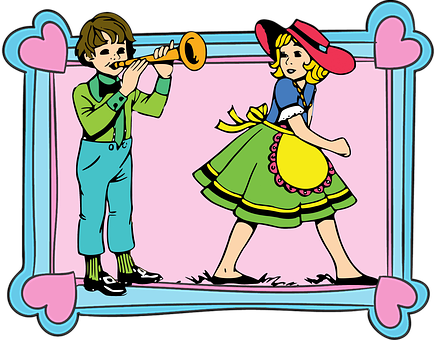 Frame, Children, Boy, Girl, Trumpet - Cartoon (434x340)