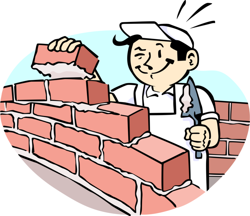 Vector Illustration Of Mason Bricklayer Builds Masonry - Build A House Cartoon (809x700)