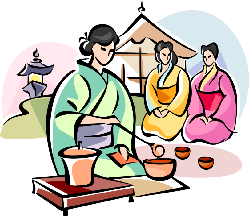 Vector Illustration Of Japanese Girl Serves Tea Ceremony - Japanese Tea Ceremony Cartoon (809x700)