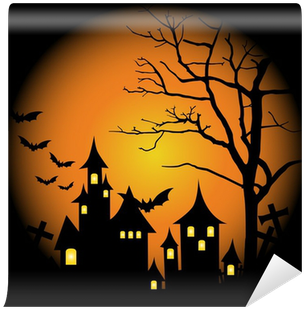 Halloween Background With Haunted House, Bats And Full - Halloween Thema (400x400)