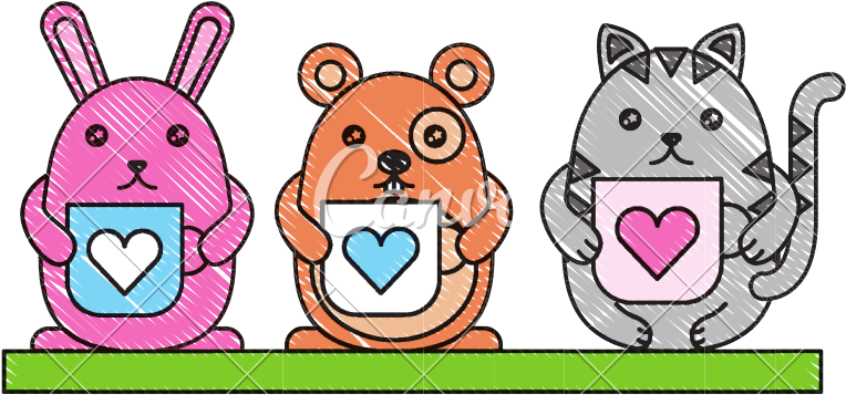 Cute Kawaii Rabbit Cat And Mouse With Coffee Cups - Cartoon (800x593)