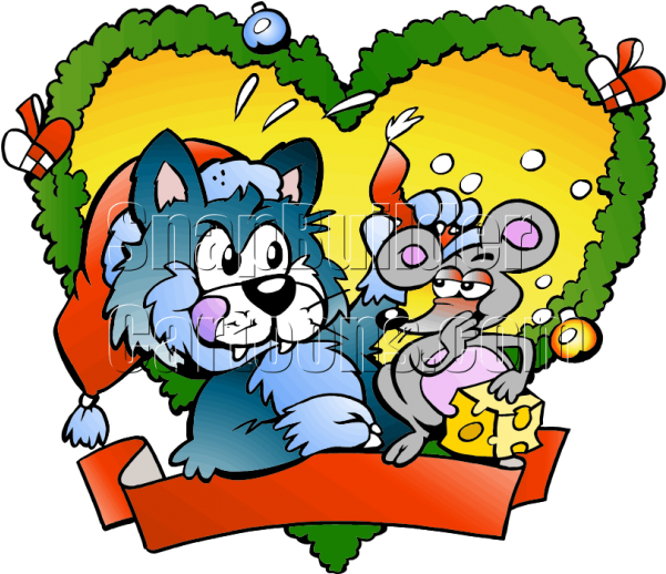 Christmas Fraim Cat Mouse Heart Shaped Wreath Mascot - Rice Porridge Draw (600x600)