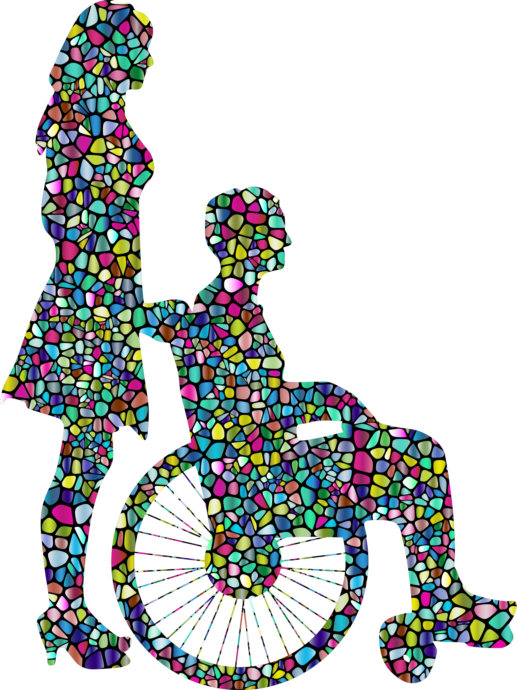 Tiled Woman Pushing Man In Wheelchair Silhouette With - Wheel Chair Silhouette (1702x2270)