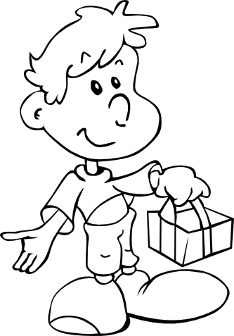Boy With Gift Black White Line Art 48 - Cartoon (333x477)