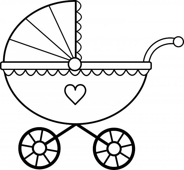 Baby Dinosaur Clipart Black And White - Baby Stroller Coloring Page (640x591)