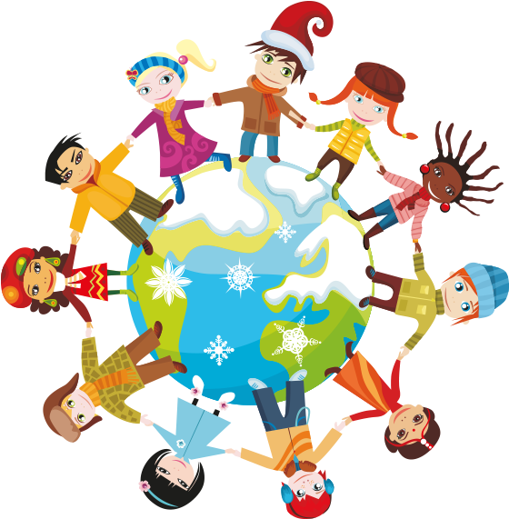 Clipart Dünya Üzerinde Kış Mevsiminde El Ele Çocuklar - Students From Different Cultures (566x570)