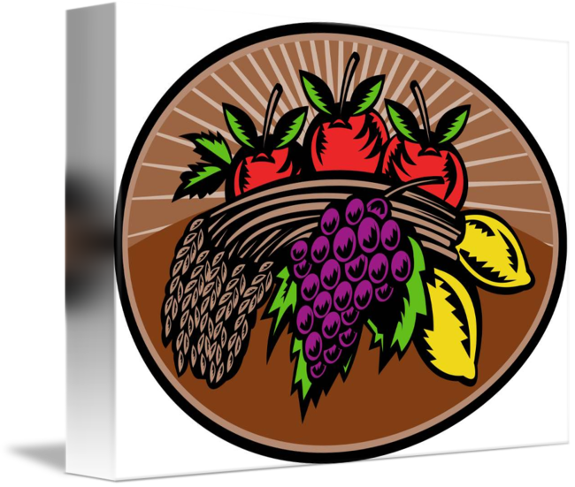 Grapes Apple Lemon Wheat Bundle Woodcut By Aloysius - Illustration (650x551)