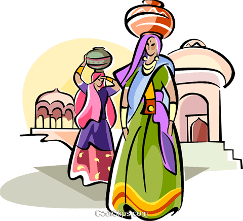 Indische Frauen Das Tragen Von Wasser Vektor Clipart - Indian Women Carrying Water Cartoon (480x435)