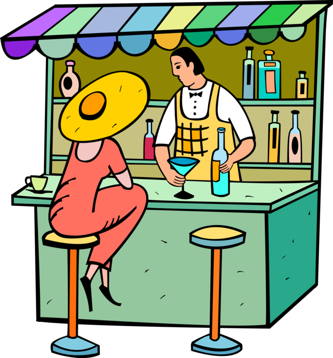 Vector Illustration Of Barroom Bartender Serves Alcohol - Cartoon (651x700)