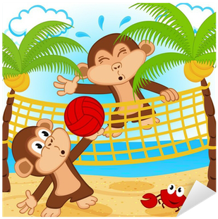 Monkeys Playing In Beach Volleyball - Beach Volleyball Cartoon Vector (400x400)