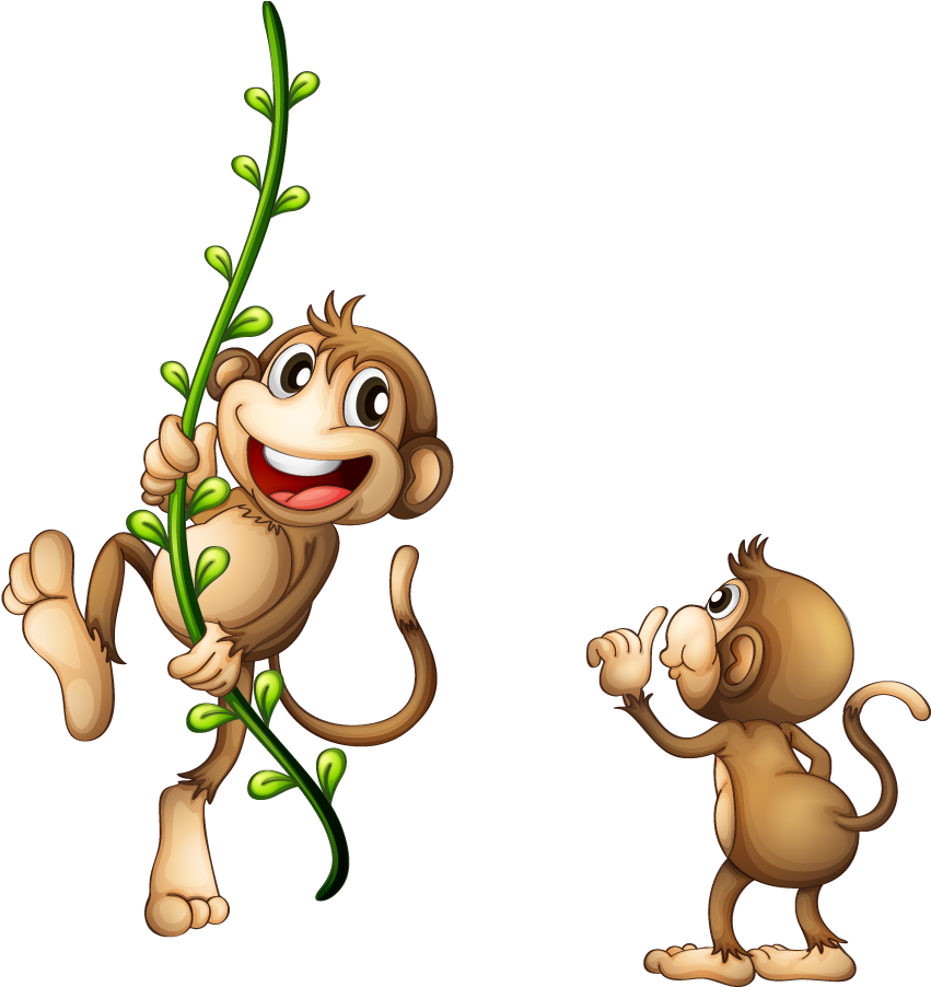 Clip Art Brown Holding Green Branches - Cartoon Monkey Swinging On A Vine (1088x1020)
