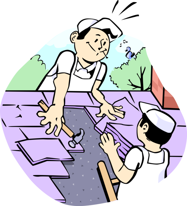Vector Illustration Of Construction Roofers Replace - Roof Repair Clipart (636x700)