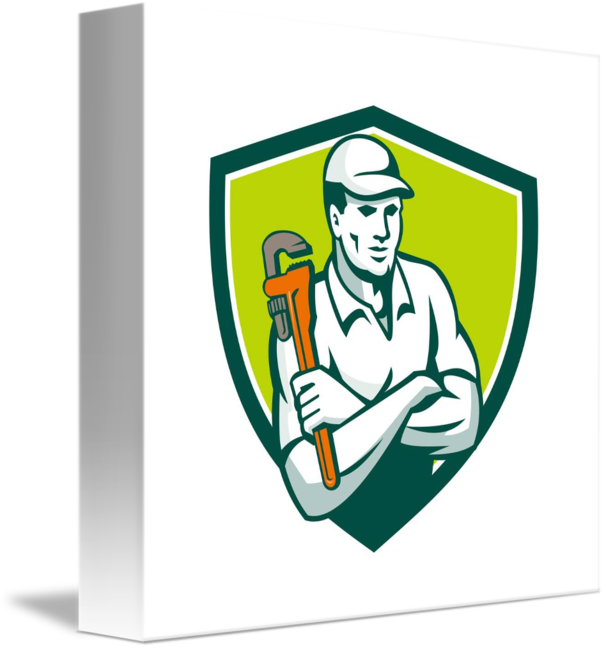 Plumber Monkey Wrench Arms Crossed Shield Retro By - Repairman Logo (606x650)