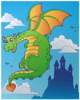 Flying Fairy Tale Dragon Near Castle Poster • Pixers® - Cartoon Clouds (400x400)