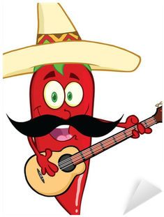 Red Chili Pepper With Mexican Hat And Mustache Playing - Pdf Chili Clip Art (400x400)
